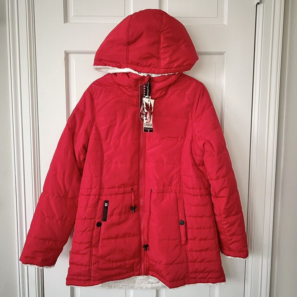 NWT CANADA WEATHER GEAR Reversible Red/White Puffer Faux Fur Hood Coat Jacket- L
